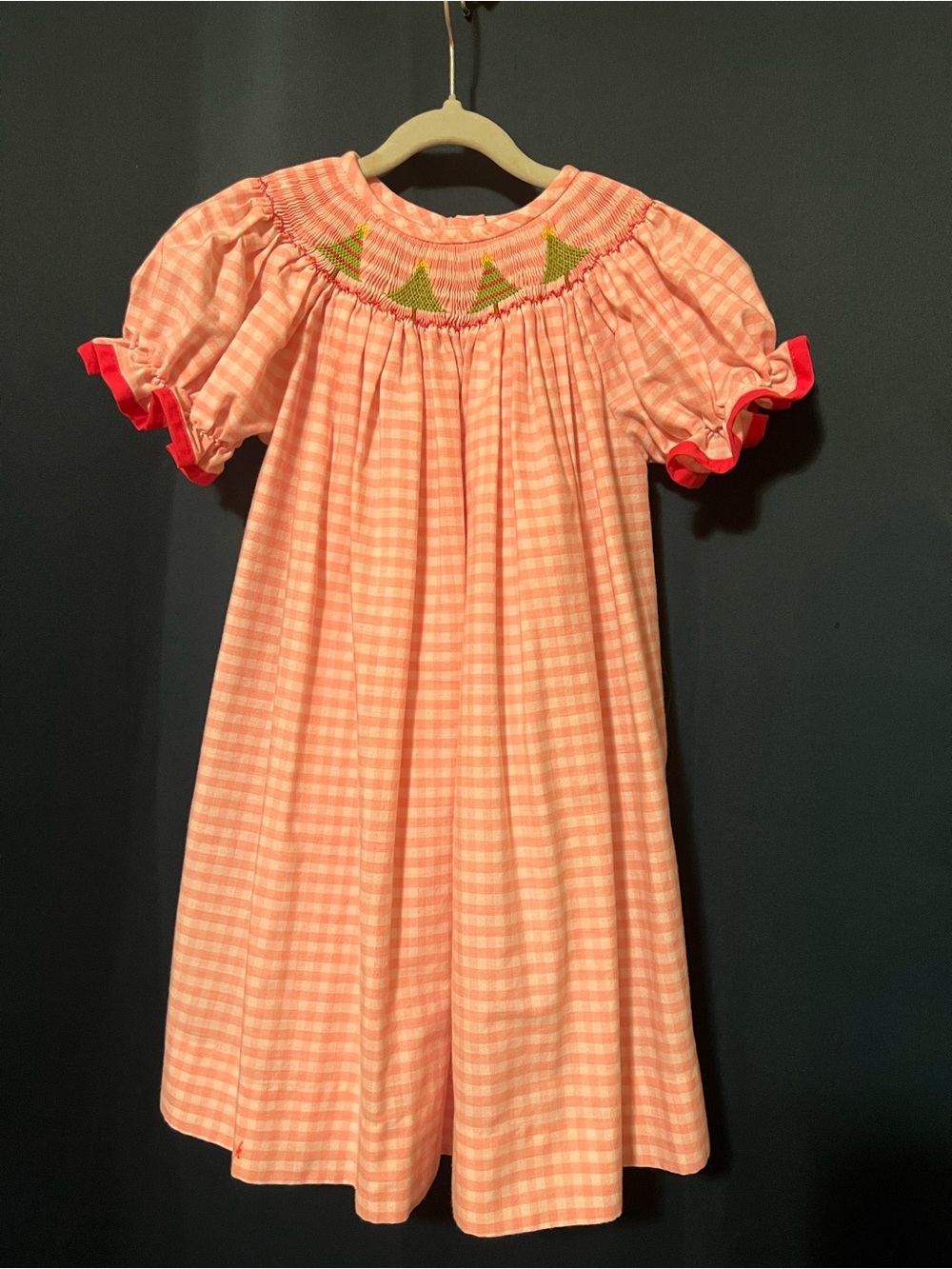 Smocked Pink Gingham Nightgown with Green Accent Trim